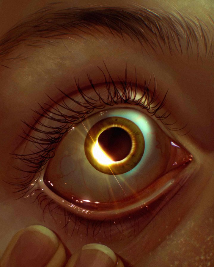 Yeah yeah, The Midnight Sun. We've all seen it in ritual. Here's an artist rendition of the April 2024 Solar Eclipse by @CursedCrone on X. It's a digital painting featuring a close up of someone pulling their lower eyelid down. The eye has a hazel-colored iris with the pupil being the Solar Eclipse. On the bottom left side of the pupil, a sliver of unobscured sun can be seen. Image originally captioned 